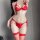 Womens red lace bra set with matching thong and fishnet stockings, featuring bows and adjustable straps for a seductive look.