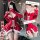 Sexy christmas dress with festive red corset and gloves, perfect holiday outfit for allure and charm.