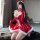 Sexy red santa outfit with white fur trim, festive design, perfect for christmas and new year celebrations.