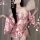Elegant pink kimono with floral patterns, deep v-neck design, perfect for anime-inspired sleepwear. features delicate feather...