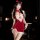 Sexy red velvet slip dress with cat ears and fluffy trim, featuring sheer mesh details and side slit design.